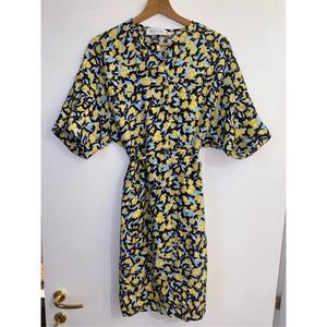 Christian Wijnants Blue and Yellow Floral Belted Dress Size Small, MSRP $725